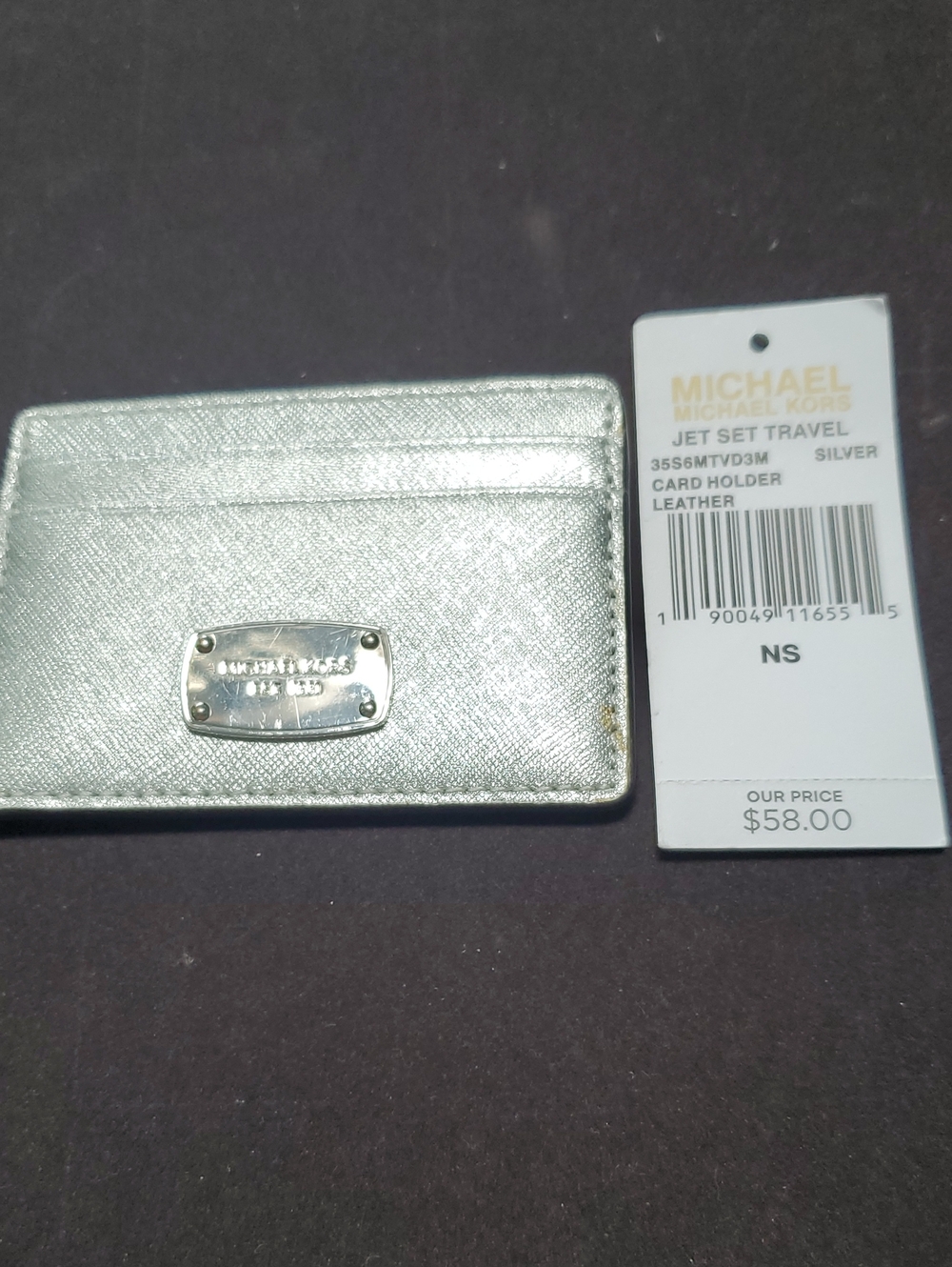 Michael Kors Metallic Silver Leather Card Case with Logo Plaque